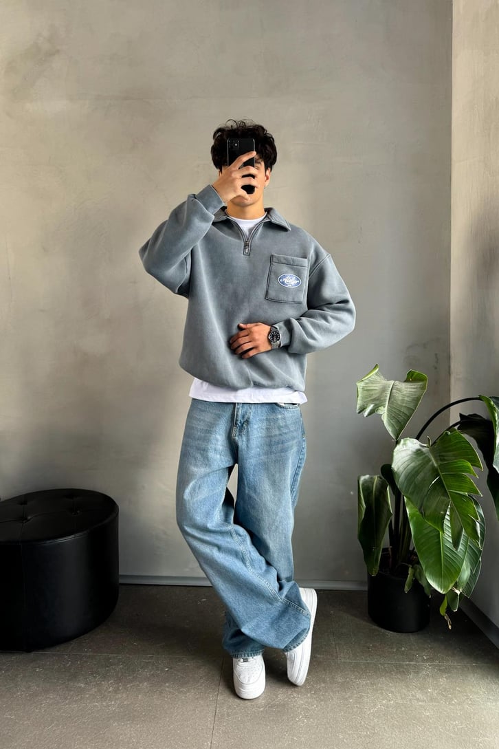 Cep Detay Polo Yaka Sweatshirt
