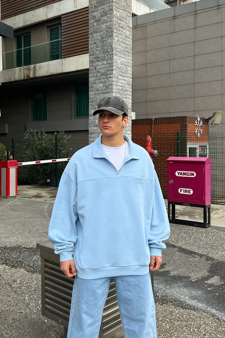 Cep Detaylı Bebek Mavisi Half-Zip Sweatshirt