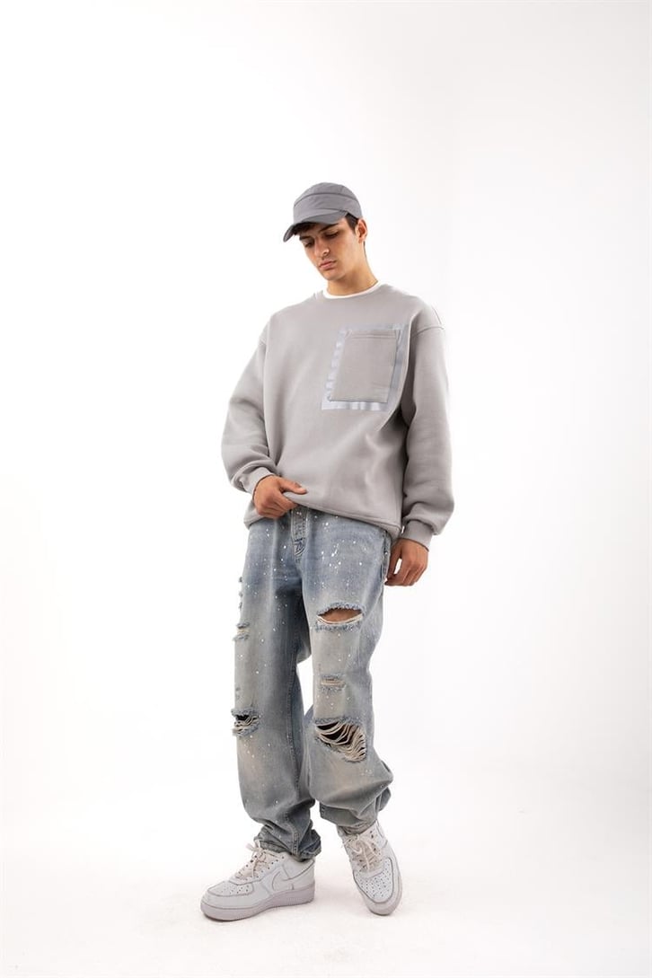 Cep Detaylı Gri Oversize Sweatshirt