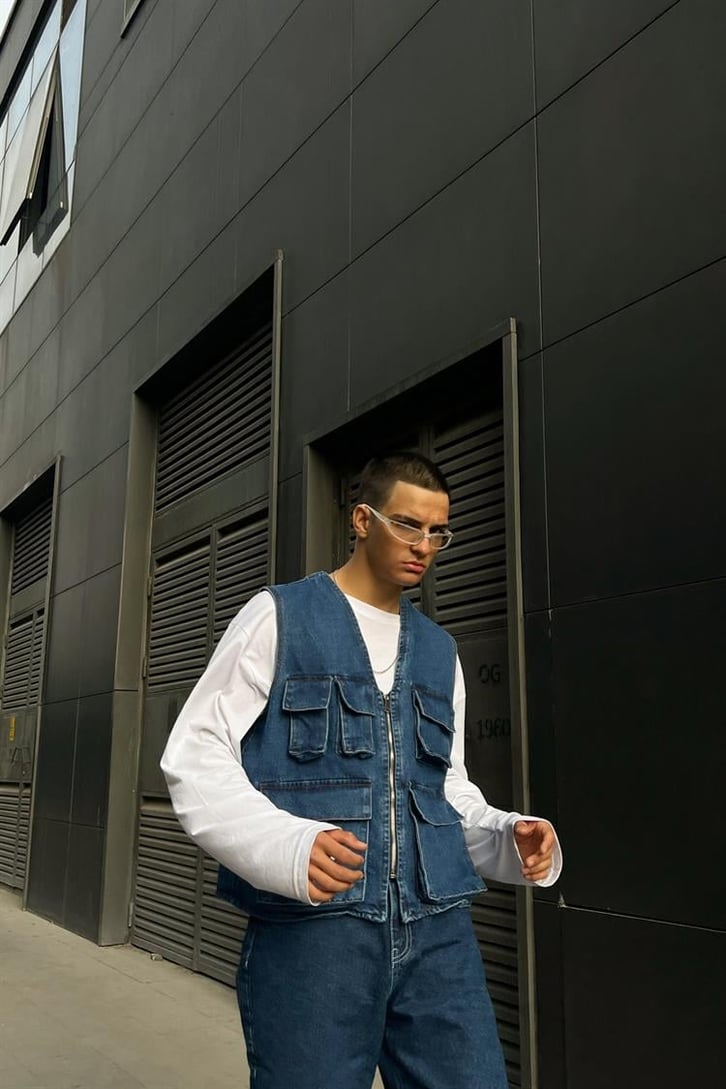 Cep Detaylı Mavi Zipper Kot Yelek