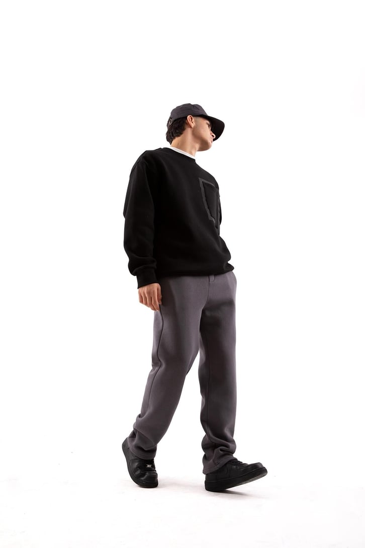 Cep Detaylı Siyah Oversize Sweatshirt