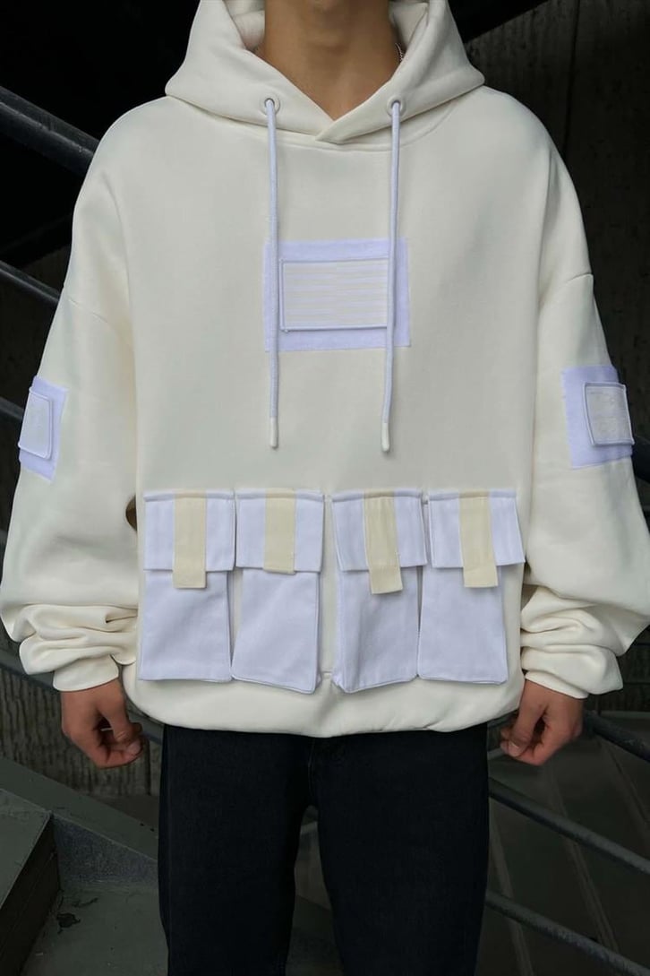 Cep Detaylı Taş Rengi Oversize Sweatshirt
