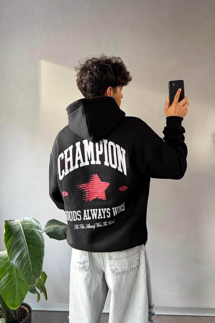 Champ Baskılı Oversize Hoodie