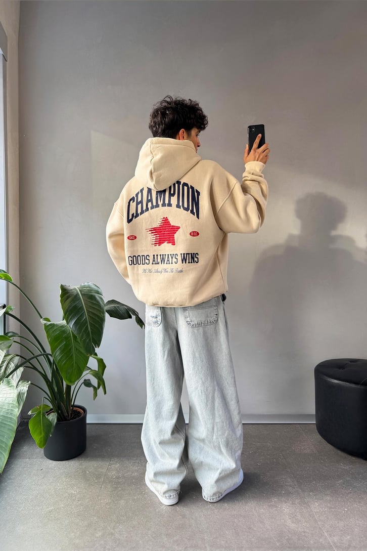 Champ Baskılı Oversize Hoodie