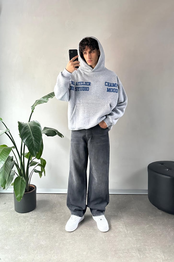 Champ Mood Baskılı Gri Melanj Hoodie