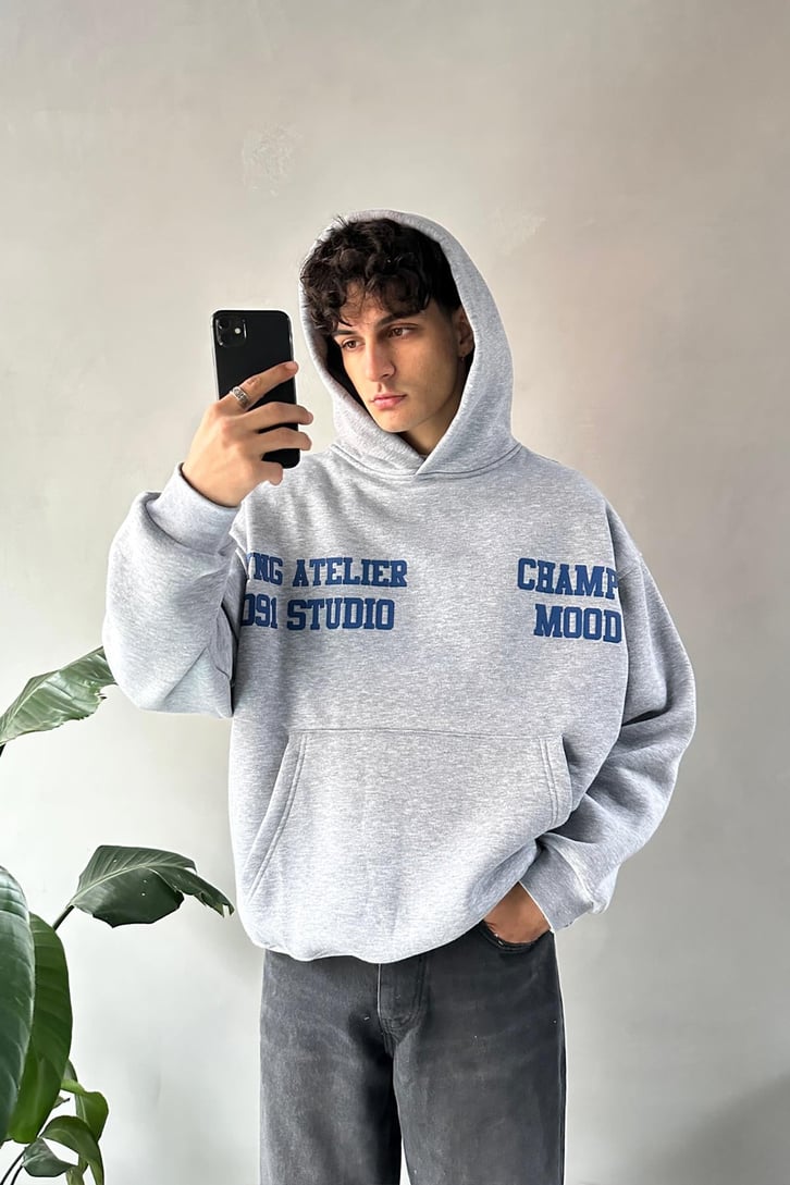 Champ Mood Baskılı Gri Melanj Hoodie