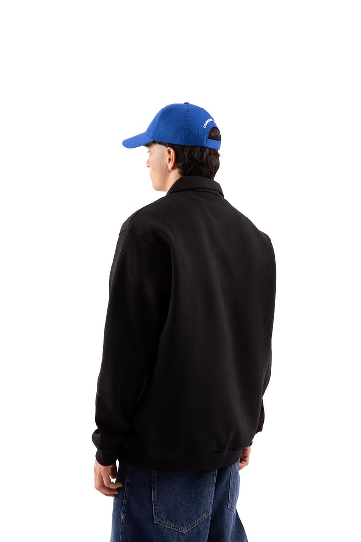 Champ Nakışlı Polo Yaka Siyah Oversize Sweatshirt