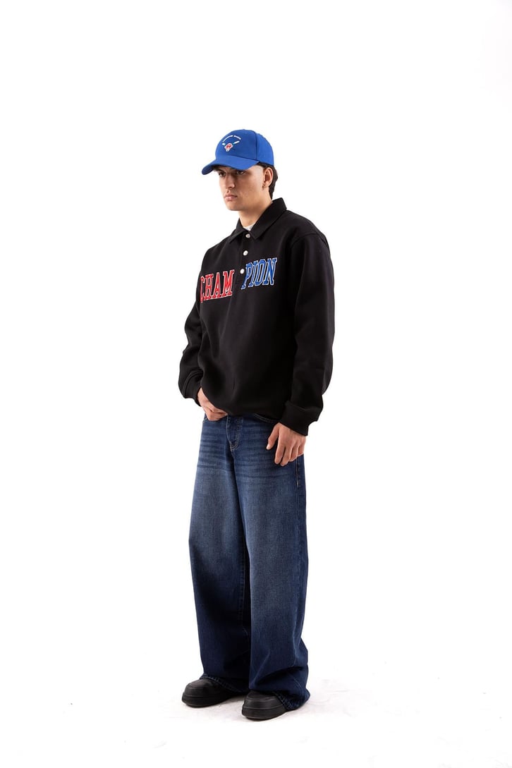 Champ Nakışlı Polo Yaka Siyah Oversize Sweatshirt