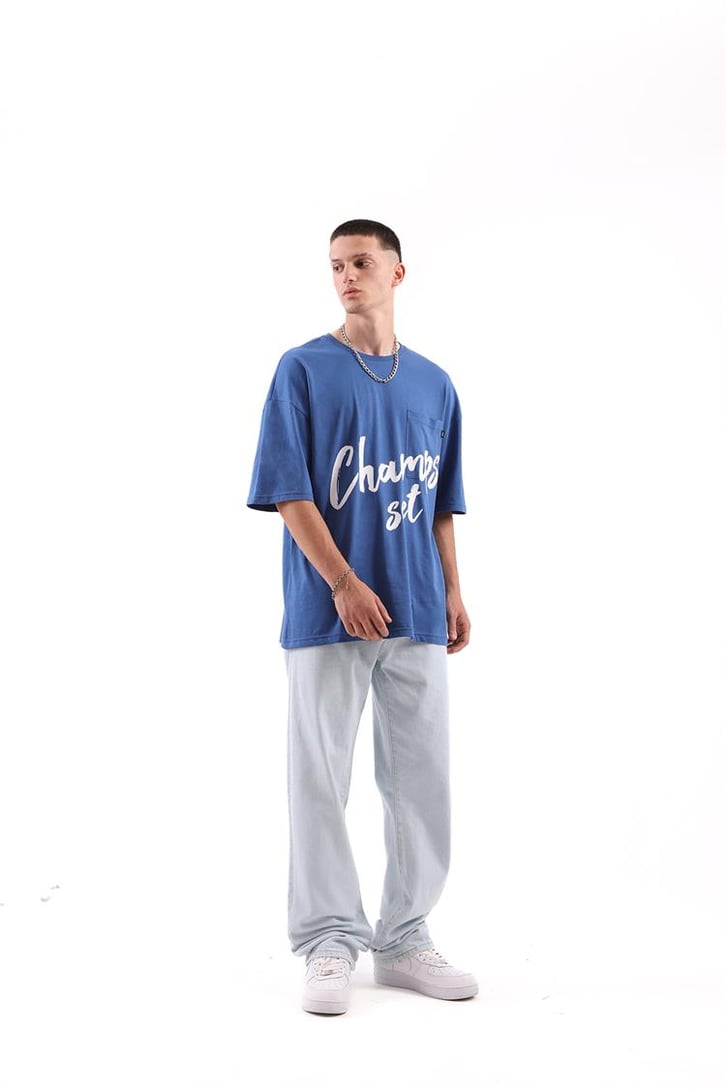 Champs Set Baskılı Mavi Oversize Tshirt