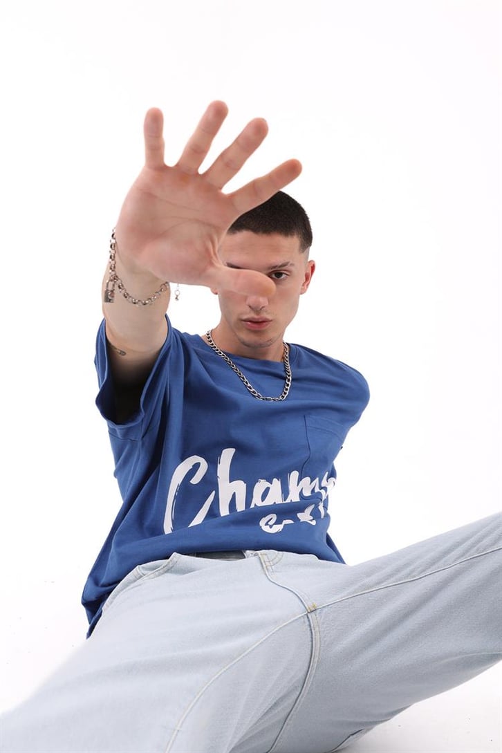 Champs Set Baskılı Mavi Oversize Tshirt