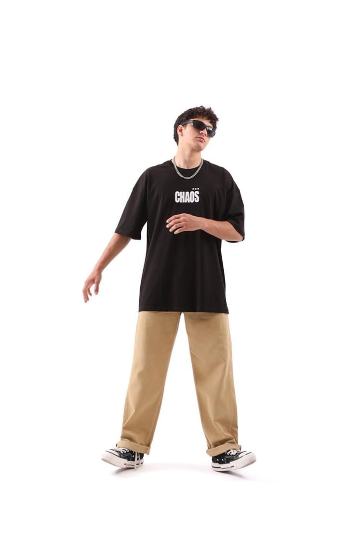 Chaos Baskılı Siyah Oversize Tshirt