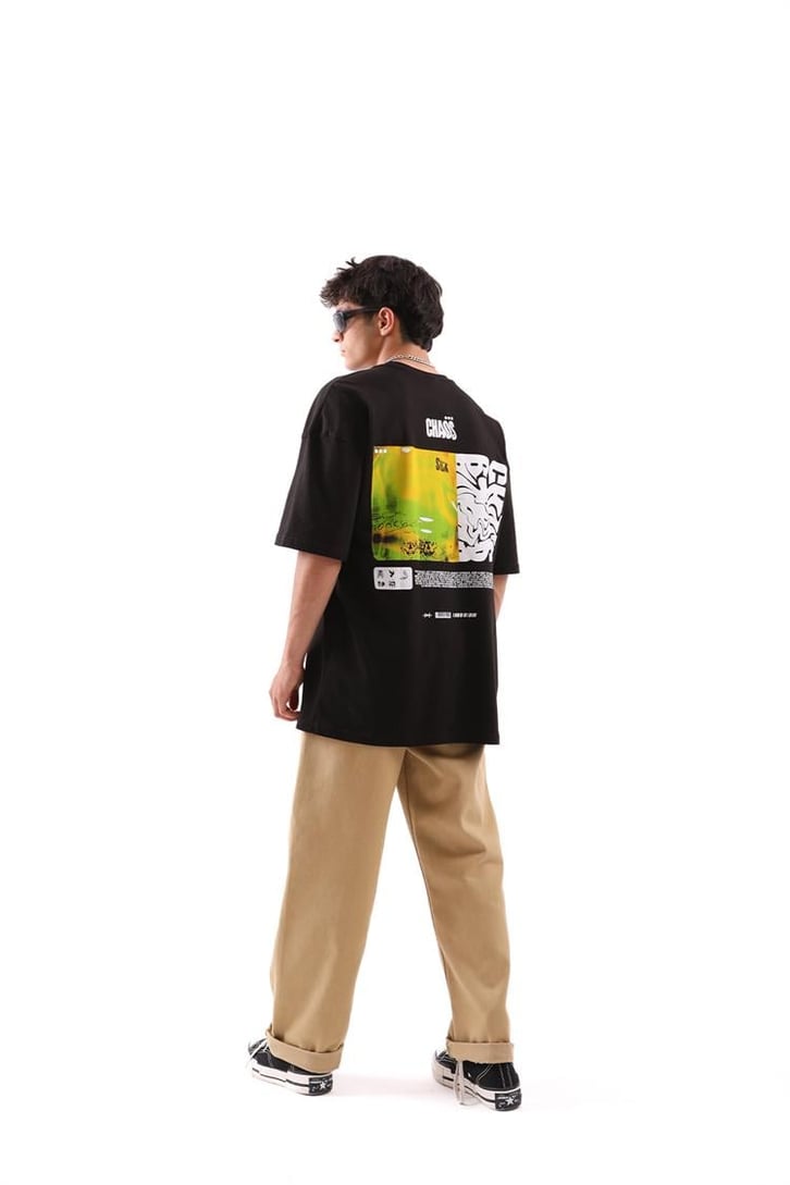 Chaos Baskılı Siyah Oversize Tshirt
