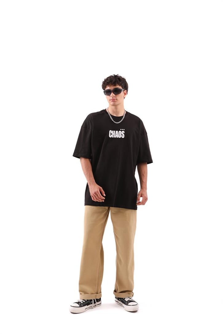 Chaos Baskılı Siyah Oversize Tshirt