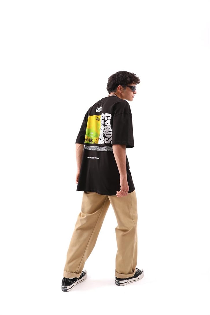 Chaos Baskılı Siyah Oversize Tshirt