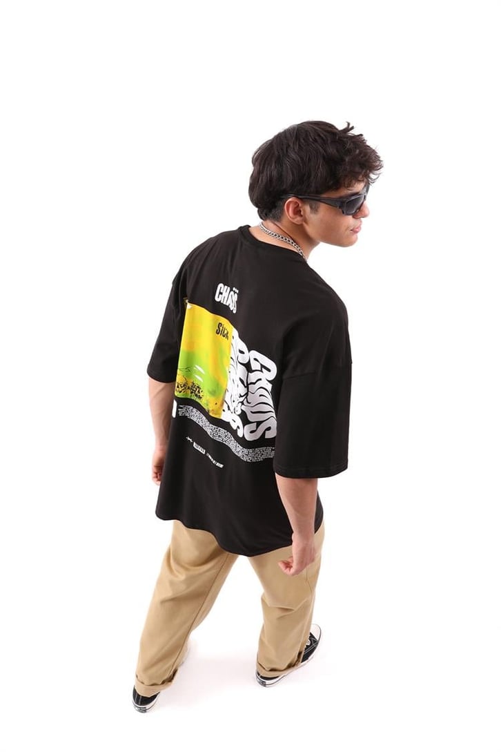 Chaos Baskılı Siyah Oversize Tshirt