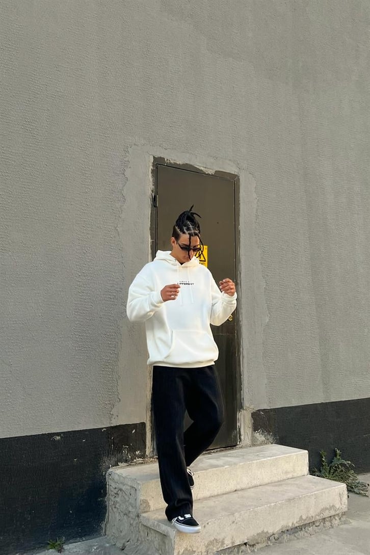 Chest Text Baskılı Beyaz İçi Pamuklu Oversize Hoodie
