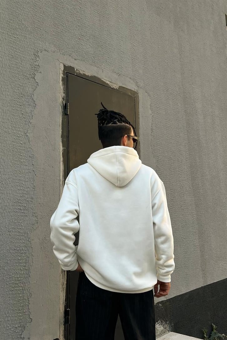 Chest Text Baskılı Beyaz İçi Pamuklu Oversize Hoodie