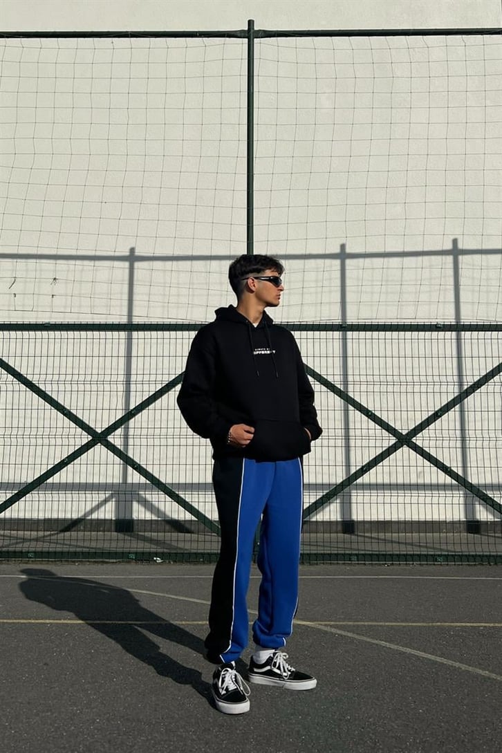 Chest Text Baskılı Siyah İçi Pamuklu Oversize Hoodie