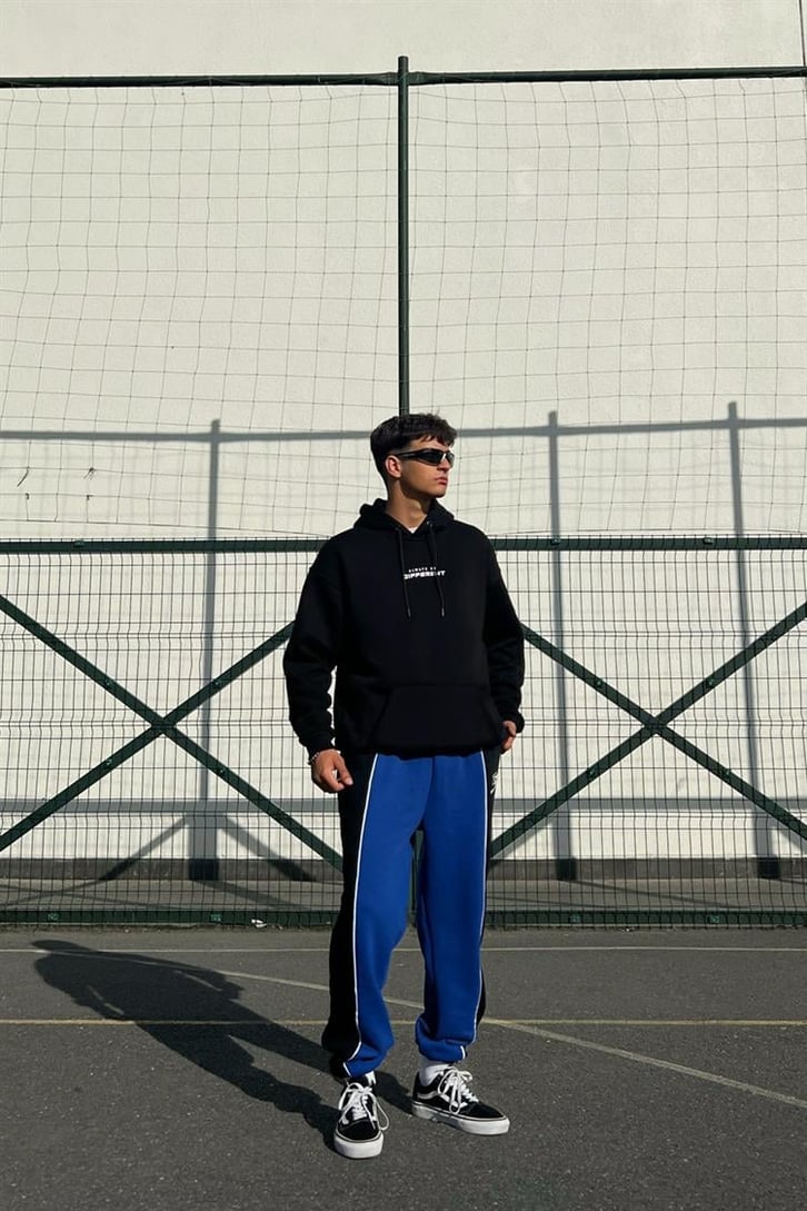 Chest Text Baskılı Siyah İçi Pamuklu Oversize Hoodie