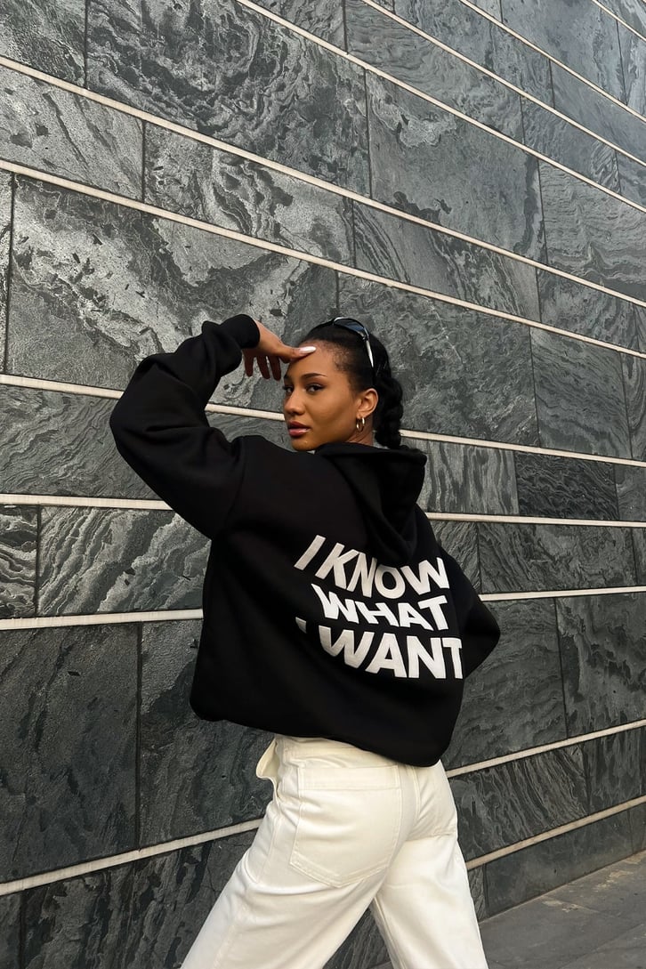 Chest Text Baskılı Siyah Oversize Hoodie