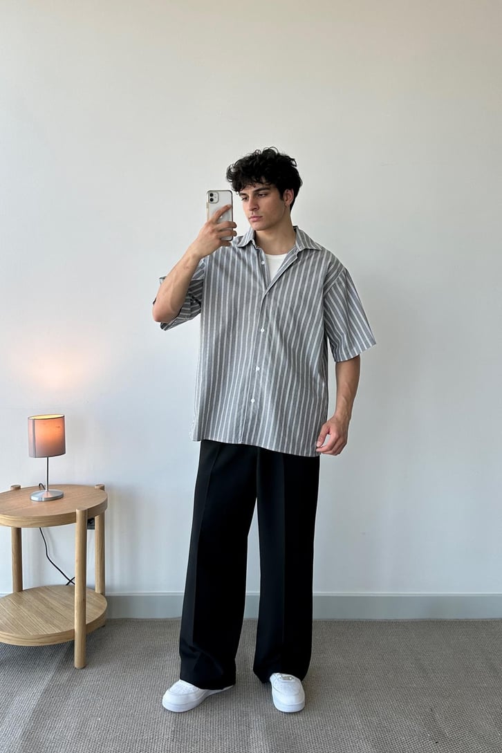 Çift Çizgili Kısa Kol Mavi Oversize Gömlek