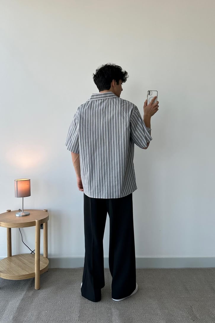 Çift Çizgili Kısa Kol Mavi Oversize Gömlek