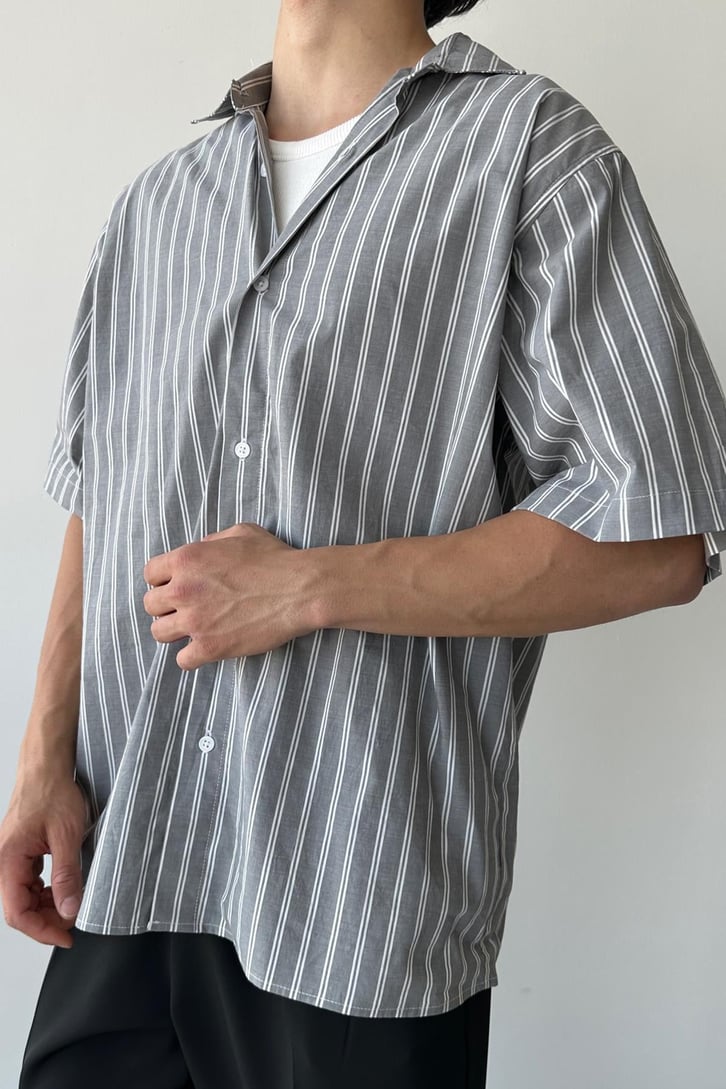 Çift Çizgili Kısa Kol Mavi Oversize Gömlek