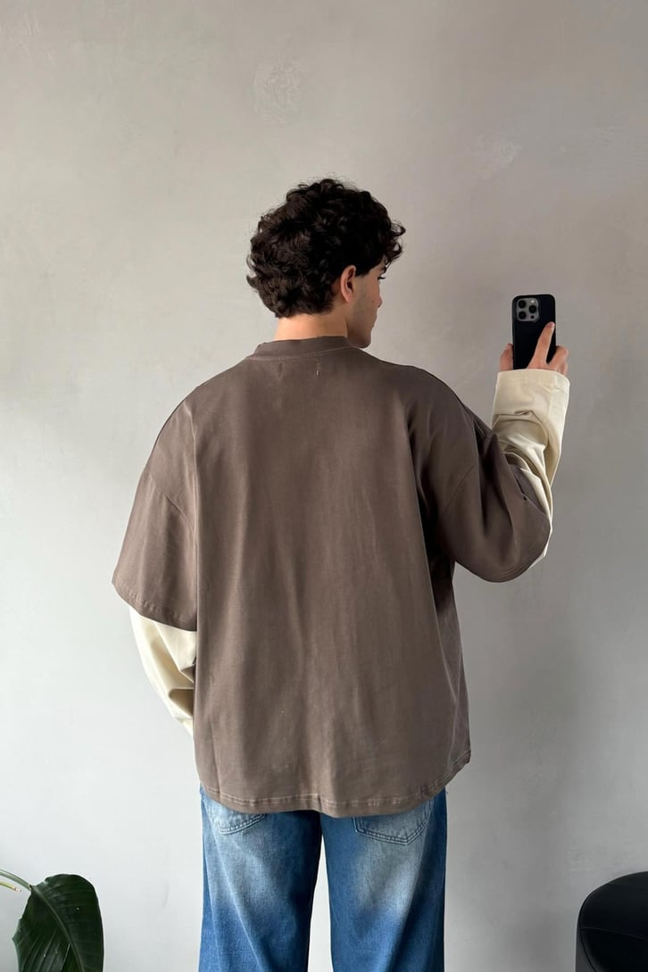 Çift Kollu Açık Kahverengi-Bej Basic Oversize Long Sleeve Tişört