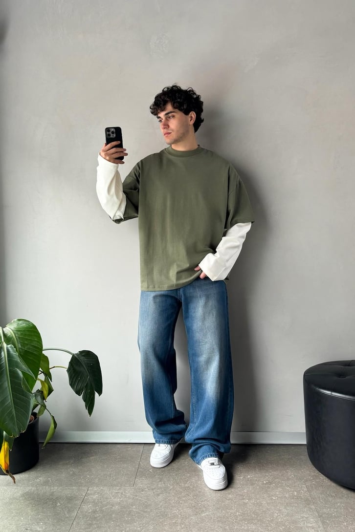 Çift Kollu Haki-Ekru Basic Oversize Long Sleeve Tişört