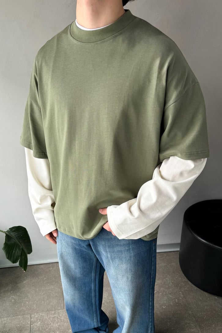 Çift Kollu Haki-Ekru Basic Oversize Long Sleeve Tişört