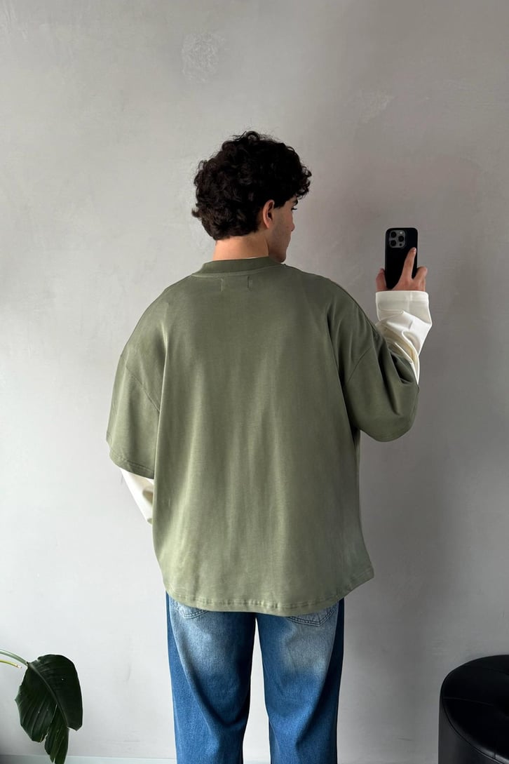 Çift Kollu Haki-Ekru Basic Oversize Long Sleeve Tişört