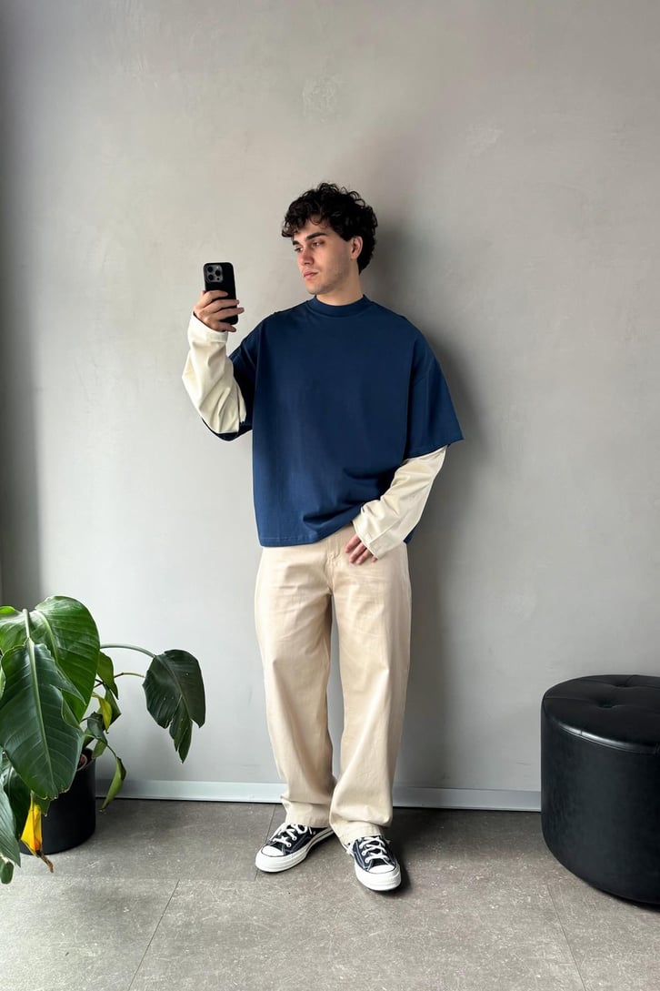 Çift Kollu İndigo-Ekru Basic Oversize Long Sleeve Tişört