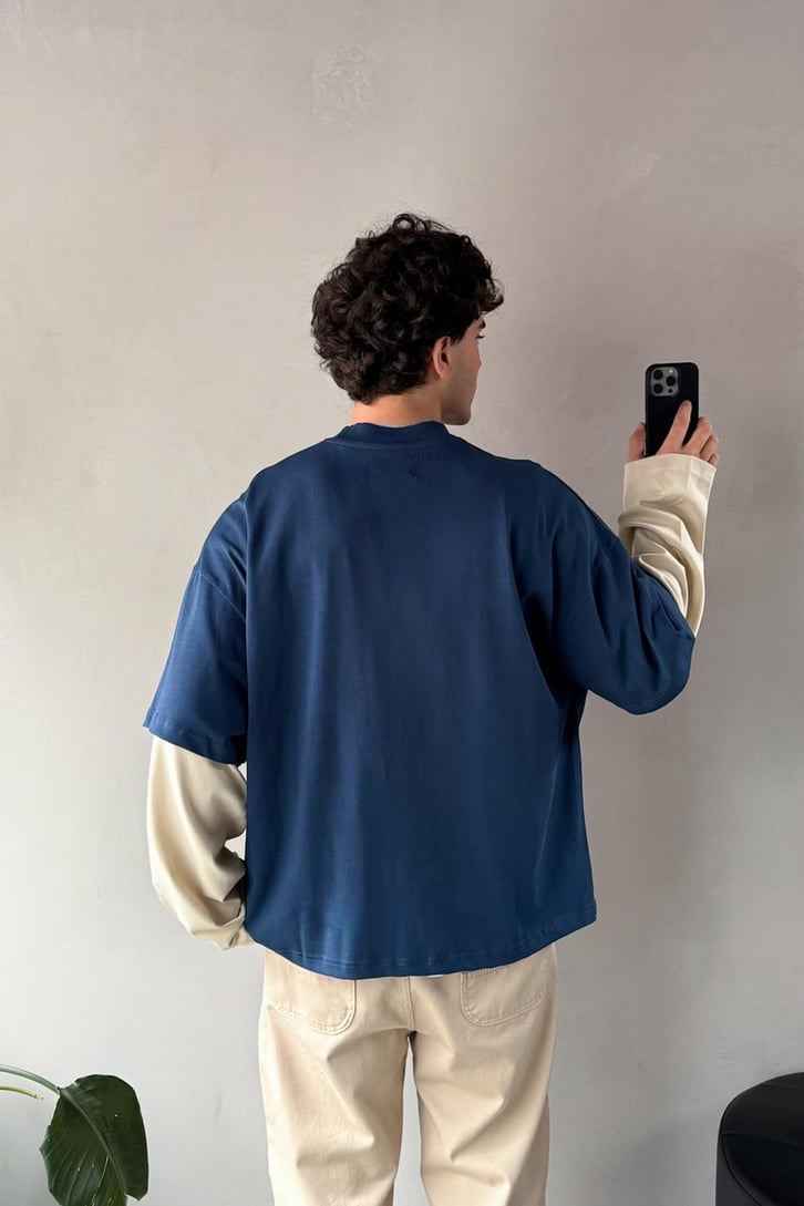 Çift Kollu İndigo-Ekru Basic Oversize Long Sleeve Tişört