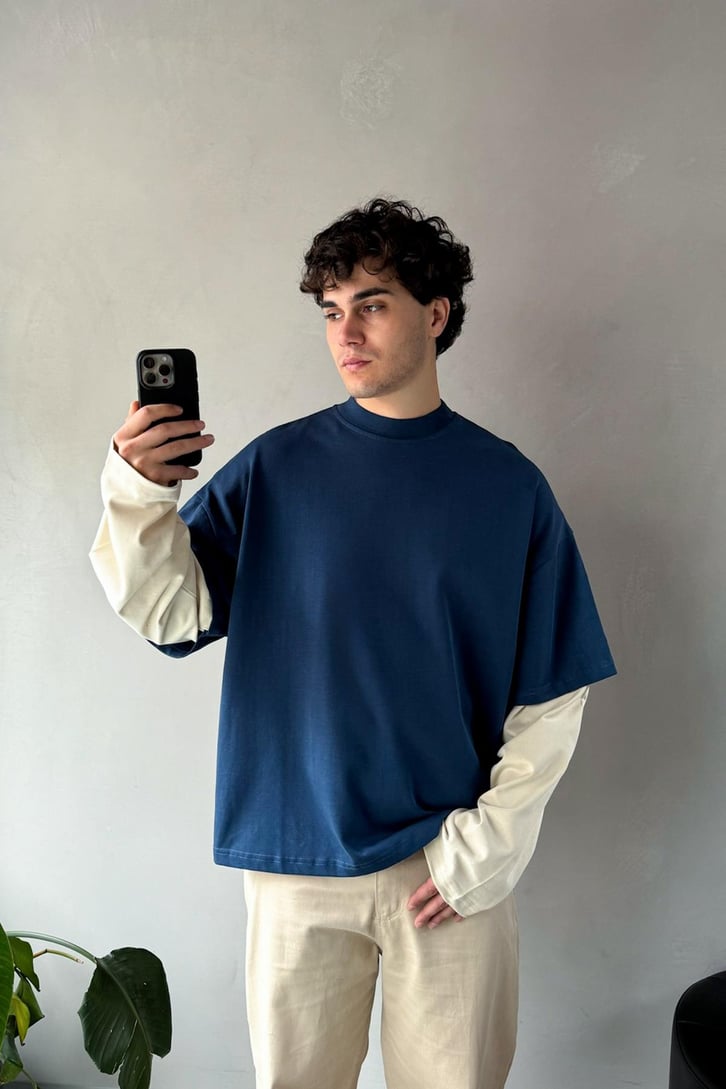 Çift Kollu İndigo-Ekru Basic Oversize Long Sleeve Tişört