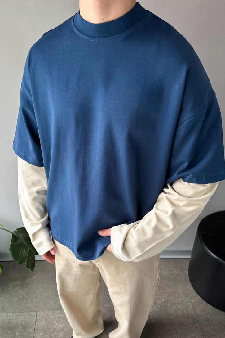 Çift Kollu İndigo-Ekru Basic Oversize Long Sleeve Tişört