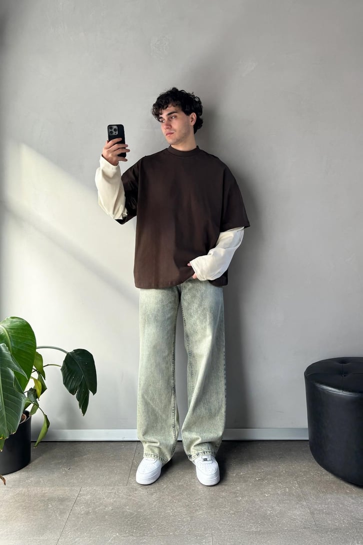 Çift Kollu Koyu Kahverengi-Ekru Basic Oversize Long Sleeve Tişört