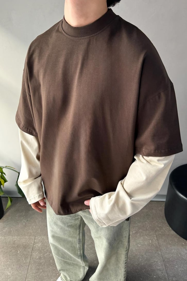 Çift Kollu Koyu Kahverengi-Ekru Basic Oversize Long Sleeve Tişört