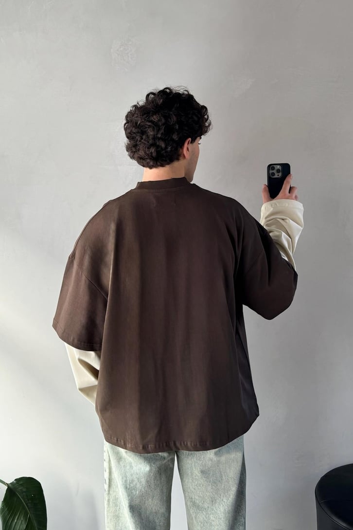 Çift Kollu Koyu Kahverengi-Ekru Basic Oversize Long Sleeve Tişört