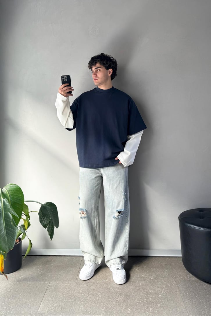 Çift Kollu Lacivert Ekru Basic Oversize Long Sleeve Tişört