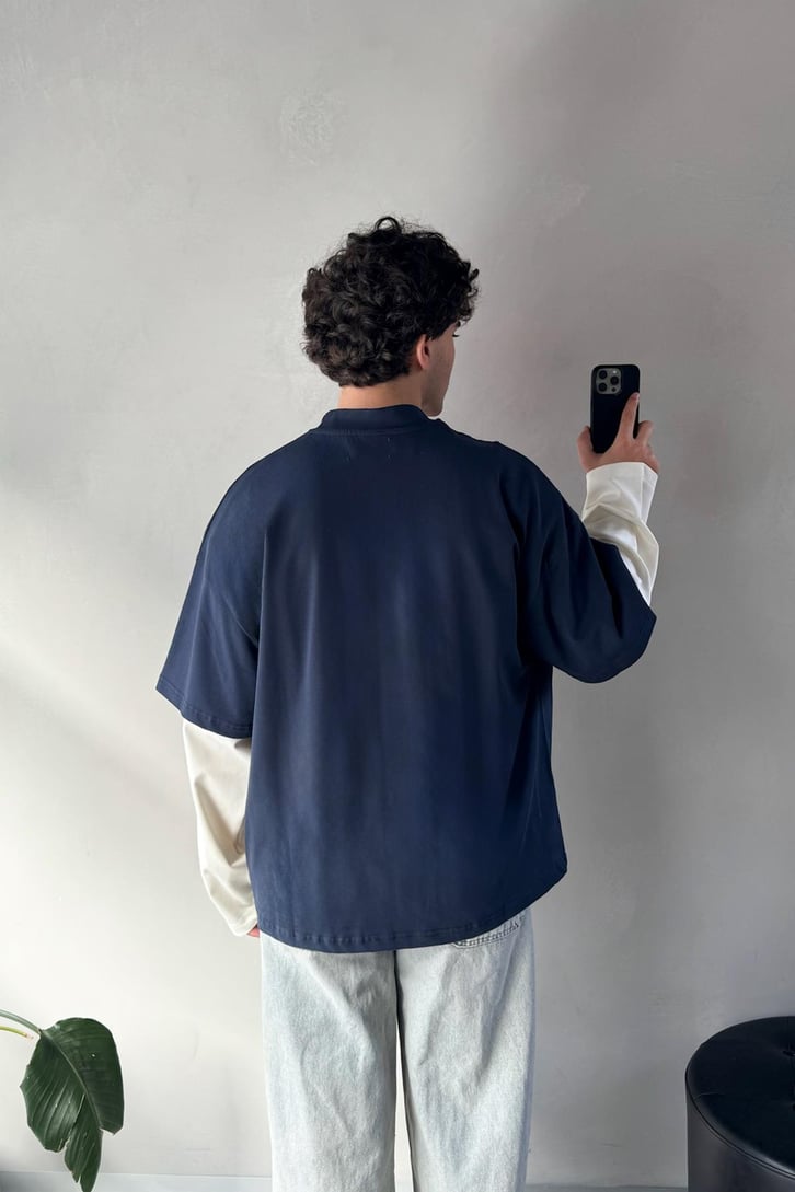 Çift Kollu Lacivert Ekru Basic Oversize Long Sleeve Tişört