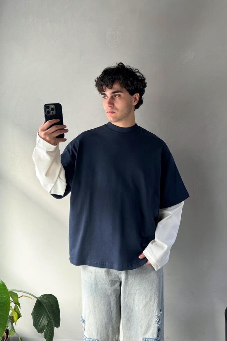 Çift Kollu Lacivert Ekru Basic Oversize Long Sleeve Tişört