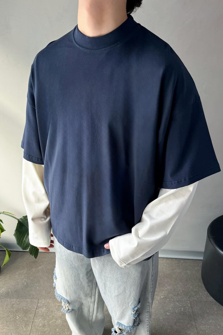 Çift Kollu Lacivert Ekru Basic Oversize Long Sleeve Tişört