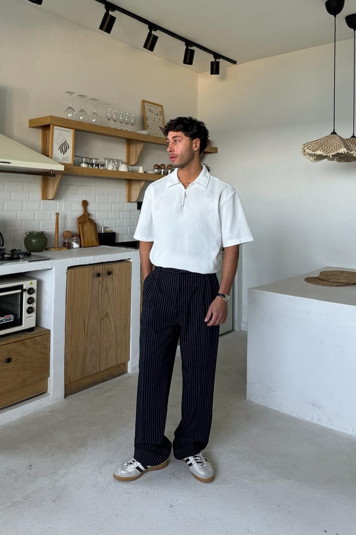 Çift Pileli Çizgili Baggy Pantolon