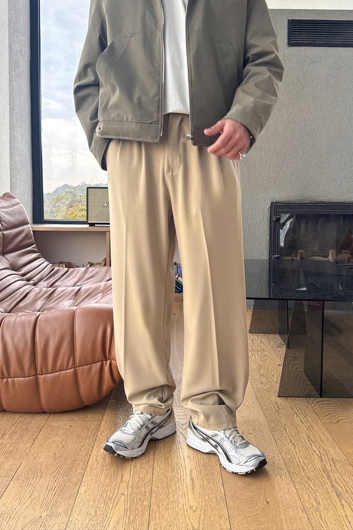 Çift Pileli Kumaş Pantolon Bej