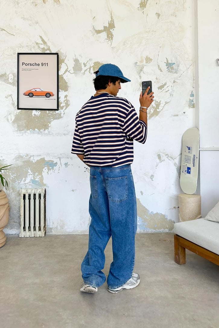 Çift Renk Çizgili Oversize Tişört