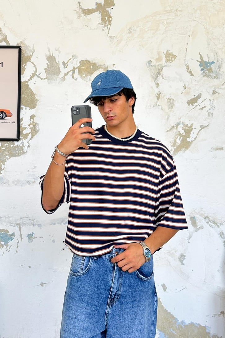 Çift Renk Çizgili Oversize Tişört