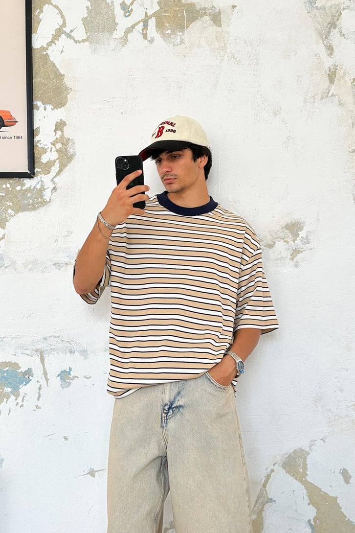 Çift Renk Çizgili Oversize Tişört