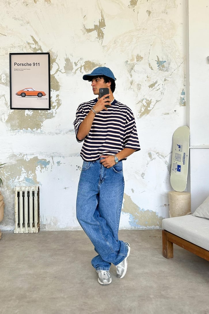 Çift Renk Çizgili Oversize Tişört