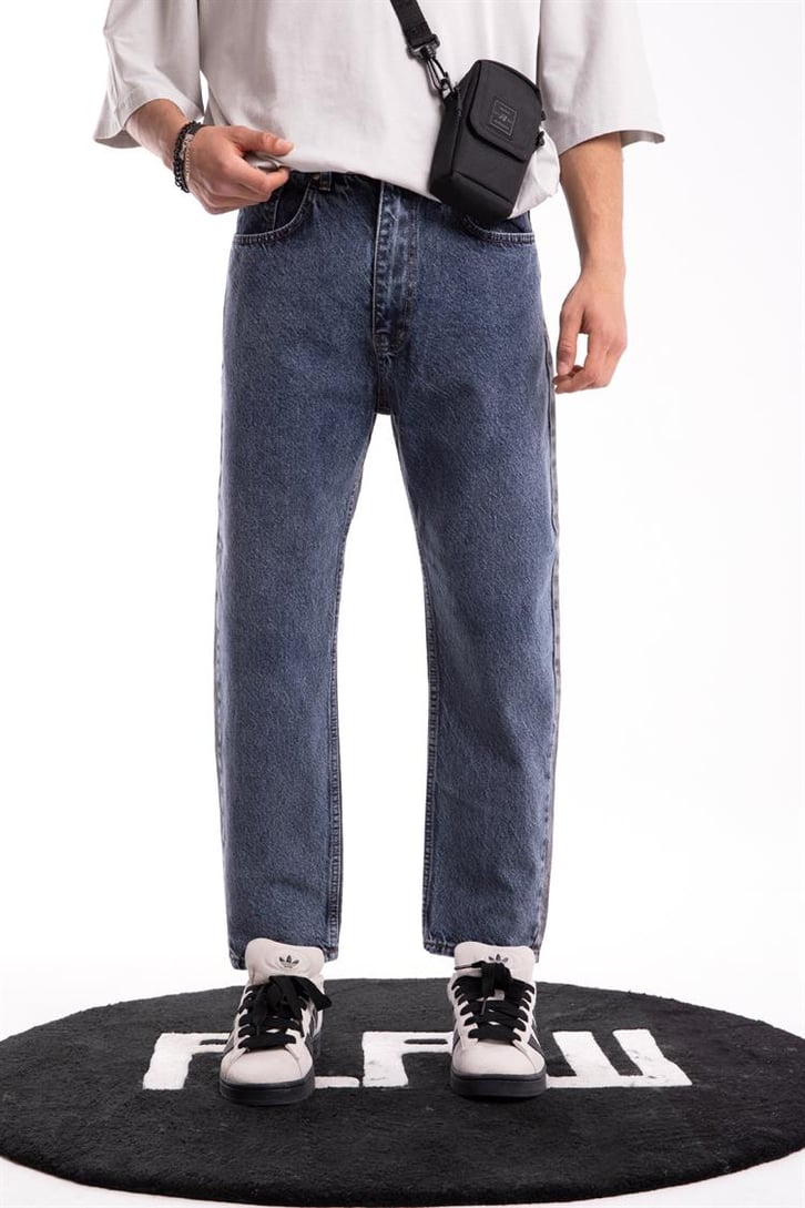 Çift Renkli Koyu Mavi Mom Fit Jean