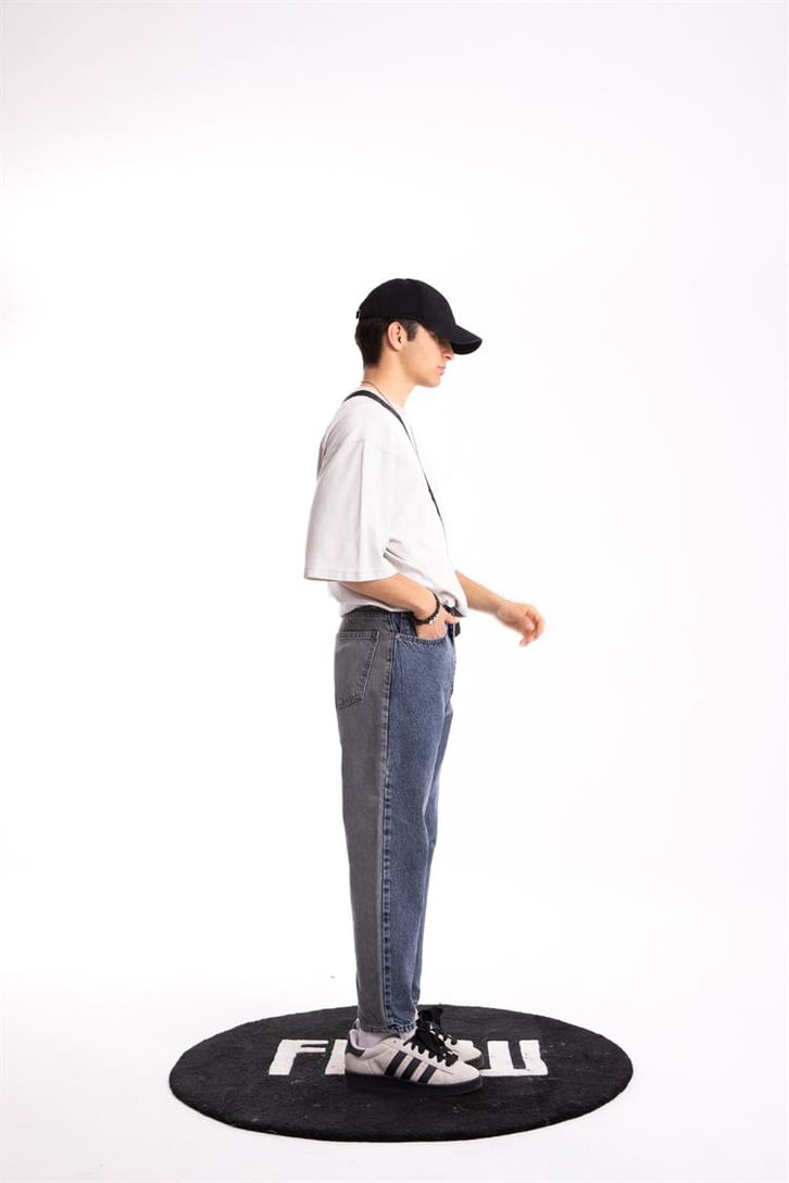 Çift Renkli Koyu Mavi Mom Fit Jean